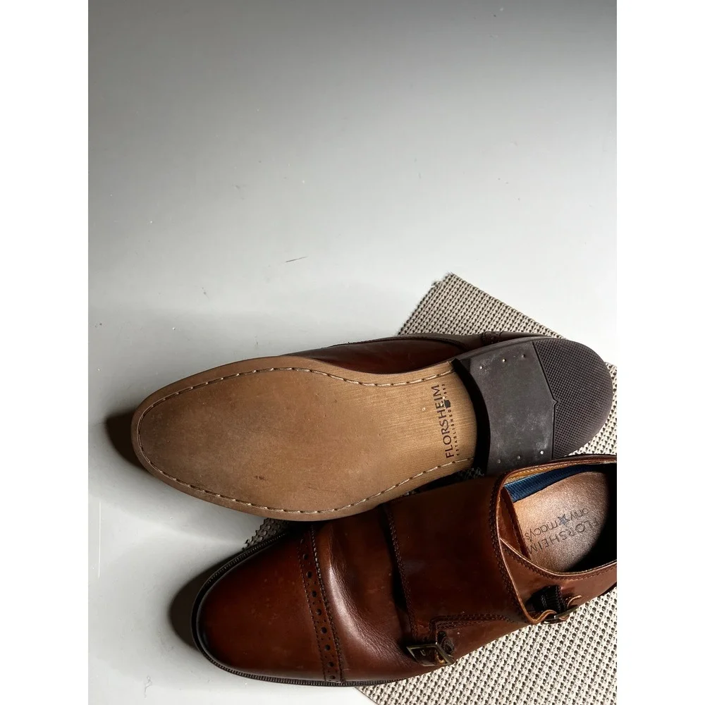 Florsheim Mens 9.5D Double Monk Strap Shoes Brown Leather Cap Toe Brogue 11590